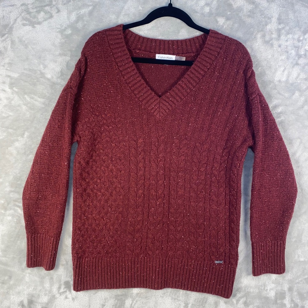 Calvin Klein Cable Knit‎ V Neck Sweater Medium Metallic Burgundy Red